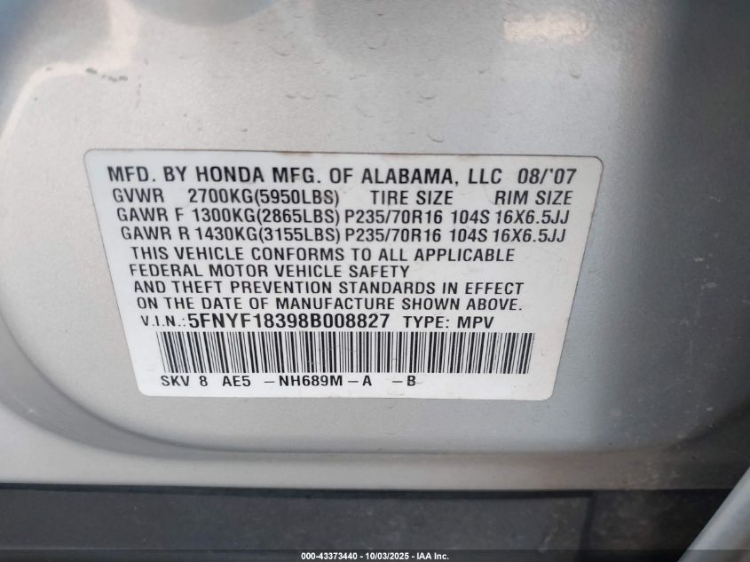 2008 Honda Pilot Se VIN: 5FNYF18398B008827 Lot: 43373440