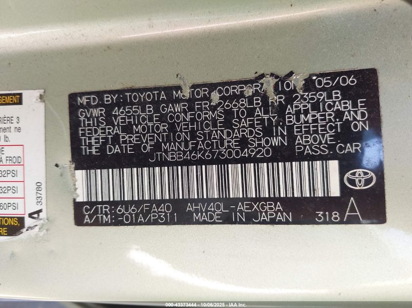 2007 Toyota Camry Hybrid VIN: JTNBB46K673004920 Lot: 43373444