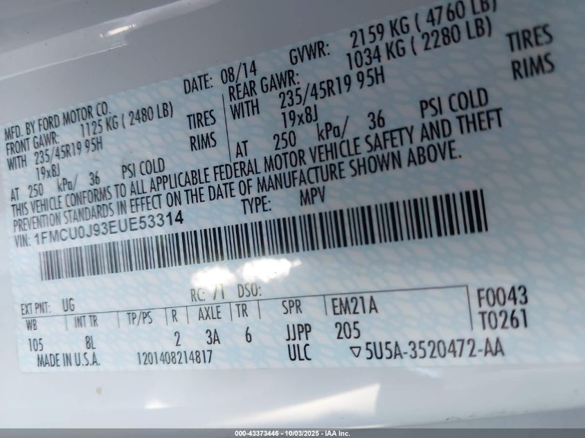 2014 Ford Escape Titanium VIN: 1FMCU0J93EUE53314 Lot: 43373446