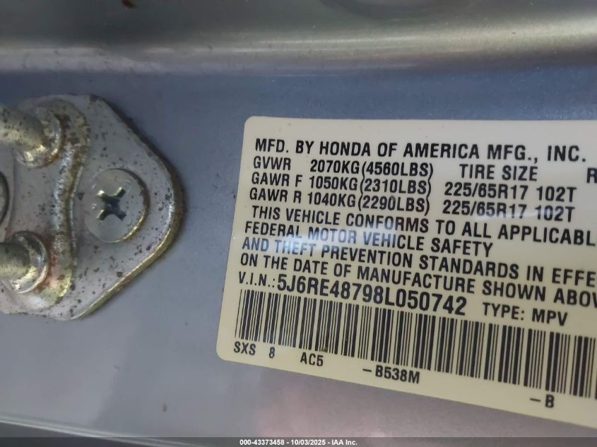 2008 Honda Cr-V Ex-L VIN: 5J6RE48798L050742 Lot: 43373458