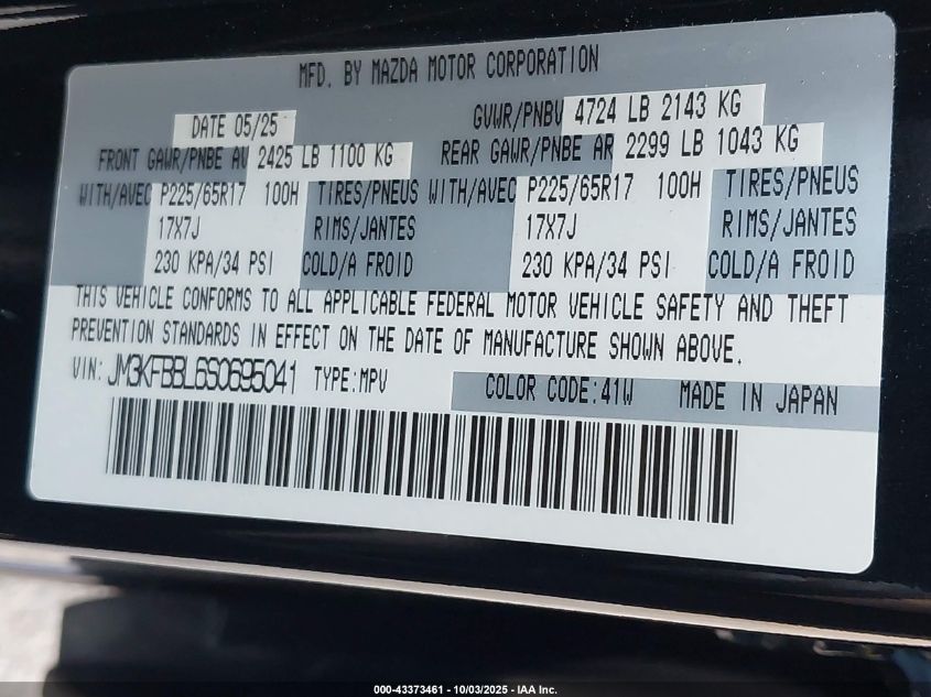 2025 Mazda Cx-5 2.5 S Select VIN: JM3KFBBL6S0695041 Lot: 43373461