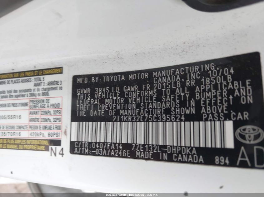 2005 Toyota Matrix VIN: 2T1KR32E75C395624 Lot: 43373460