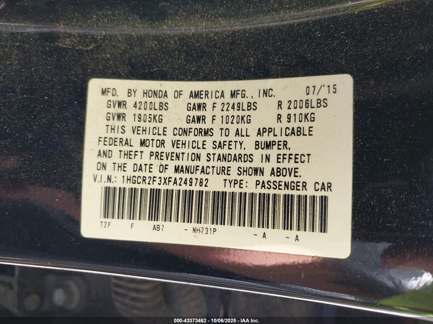 2015 Honda Accord Lx VIN: 1HGCR2F3XFA249782 Lot: 43373462