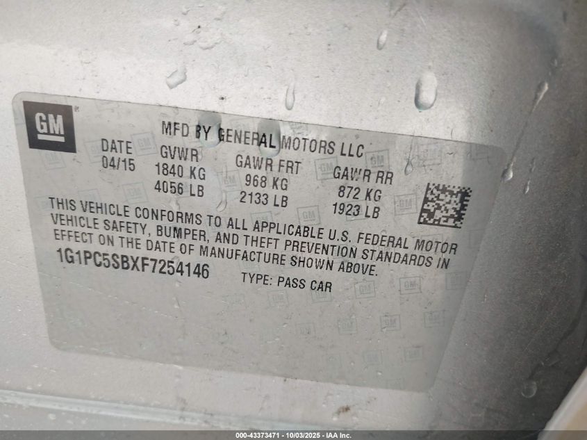 2015 Chevrolet Cruze 1Lt Auto VIN: 1G1PC5SBXF7254146 Lot: 43373471