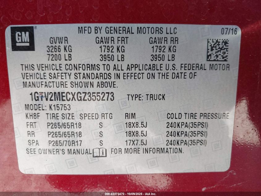 2016 GMC Sierra 1500 Sle VIN: 1GTV2MECXGZ355273 Lot: 43373470