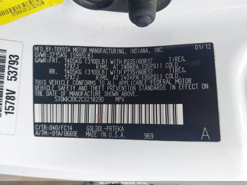 2012 Toyota Sienna Le V6 8 Passenger VIN: 5TDKK3DC2CS218290 Lot: 43373473