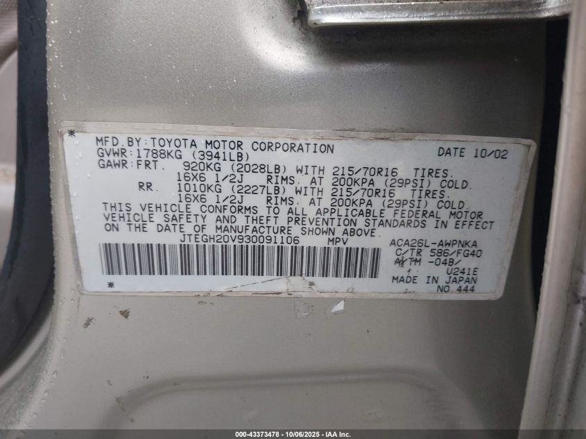 2003 Toyota Rav4 VIN: JTEGH20V930091106 Lot: 43373478