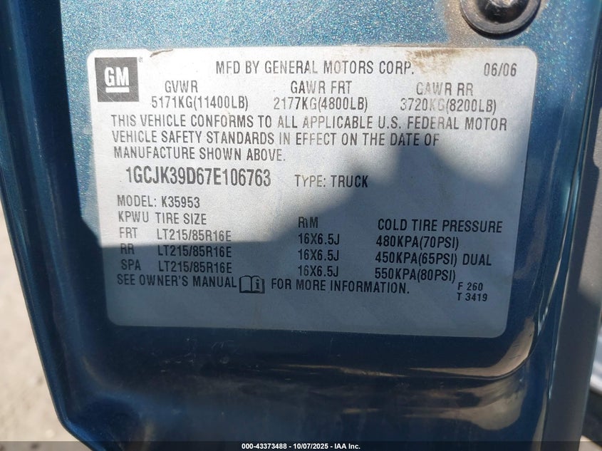 2007 Chevrolet Silverado 3500 Classic Lt2 VIN: 1GCJK39D67E106763 Lot: 43373488