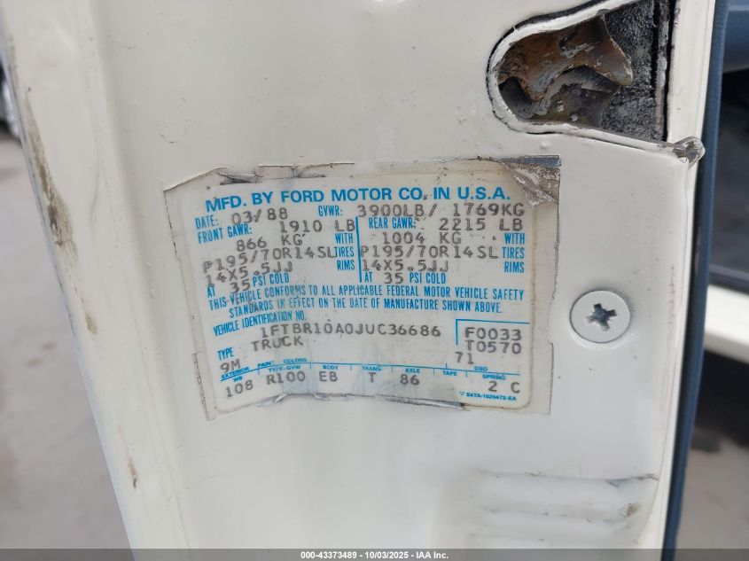 1988 Ford Ranger VIN: 1FTBR10A0JUC36686 Lot: 43373489