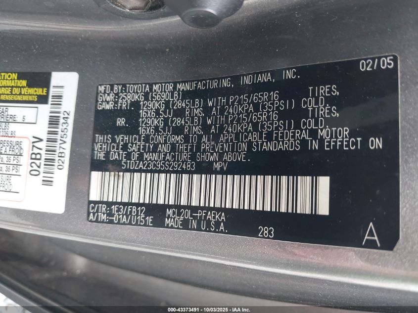 2005 Toyota Sienna Le VIN: 5TDZA23C95S292483 Lot: 43373491