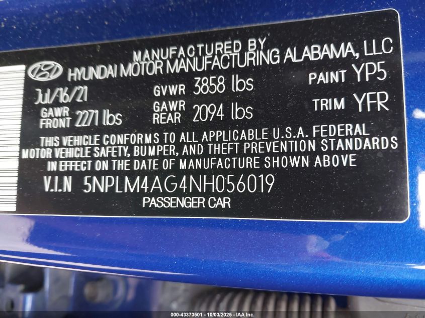 2022 Hyundai Elantra Sel VIN: 5NPLM4AG4NH056019 Lot: 43373501