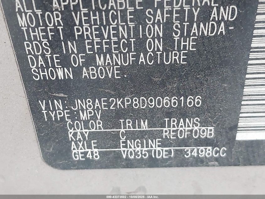 2013 Nissan Quest Sl VIN: JN8AE2KP8D9066166 Lot: 43373502
