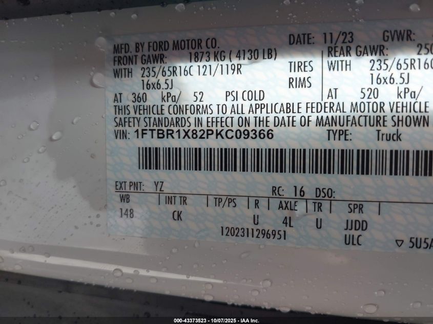 2023 Ford Transit-250 VIN: 1FTBR1X82PKC09366 Lot: 43373523