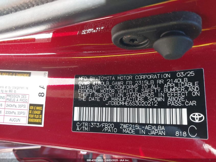 2025 Toyota Corolla Hybrid Le VIN: JTDBDMHE6S3020212 Lot: 43373553