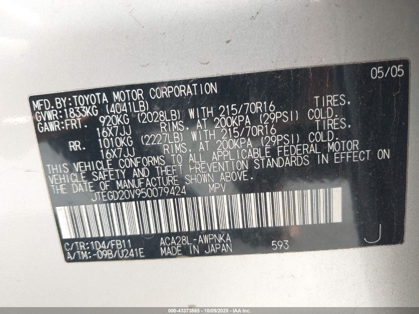 2005 Toyota Rav4 VIN: JTEGD20V950079424 Lot: 43373565