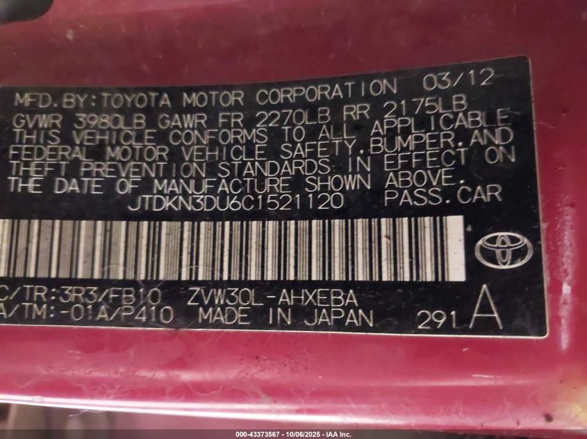 2012 Toyota Prius Three VIN: JTDKN3DU6C1521120 Lot: 43373567