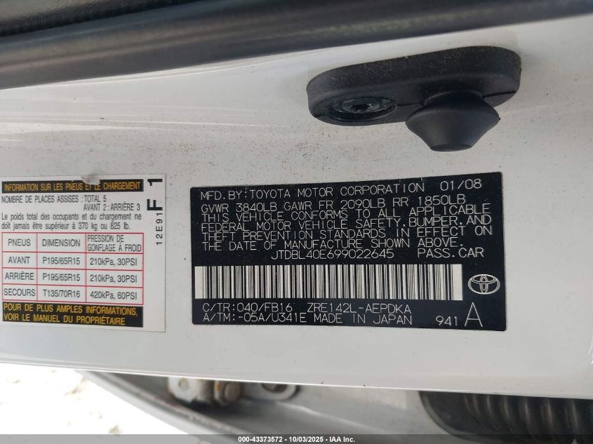 2009 Toyota Corolla Le VIN: JTDBL40E699022645 Lot: 43373572