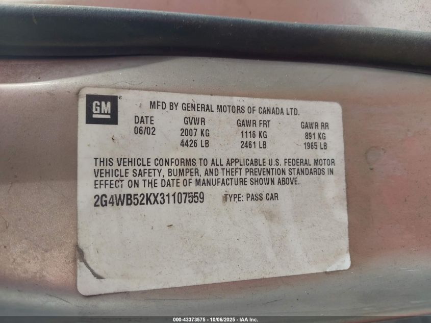 2003 Buick Regal Ls VIN: 2G4WB52KX31107559 Lot: 43373575