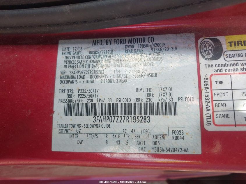 2007 Ford Fusion Se VIN: 3FAHP07Z27R185283 Lot: 43373596