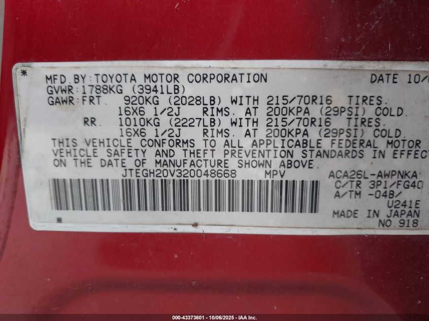 2002 Toyota Rav4 VIN: JTEGH20V320048668 Lot: 43373601