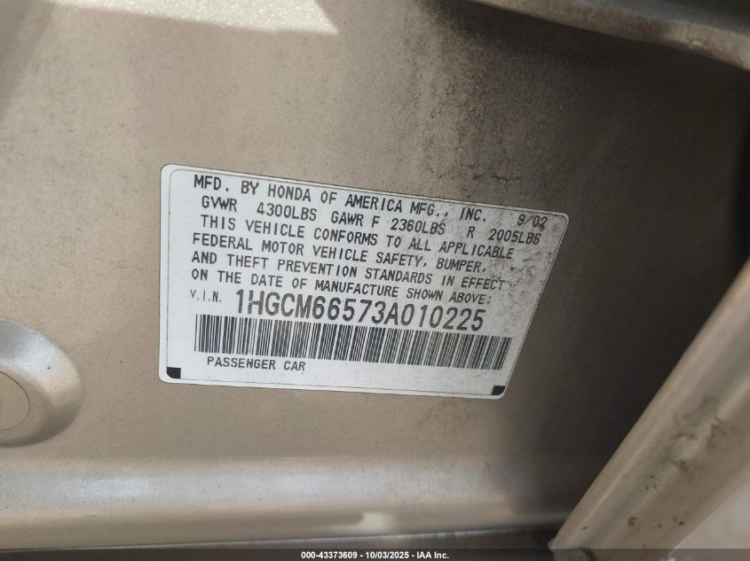 2003 Honda Accord 3.0 Ex VIN: 1HGCM66573A010225 Lot: 43373609
