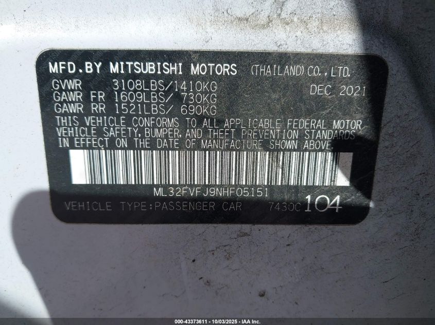 2022 Mitsubishi Mirage G4 Se VIN: ML32FVFJ9NHF05151 Lot: 43373611