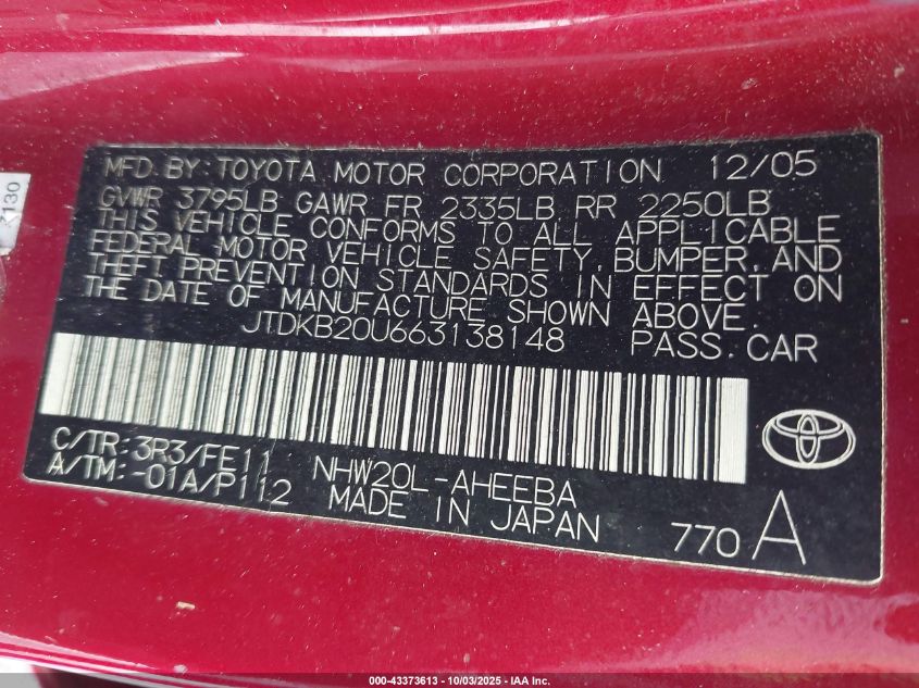 2006 Toyota Prius VIN: JTDKB20U663138148 Lot: 43373613