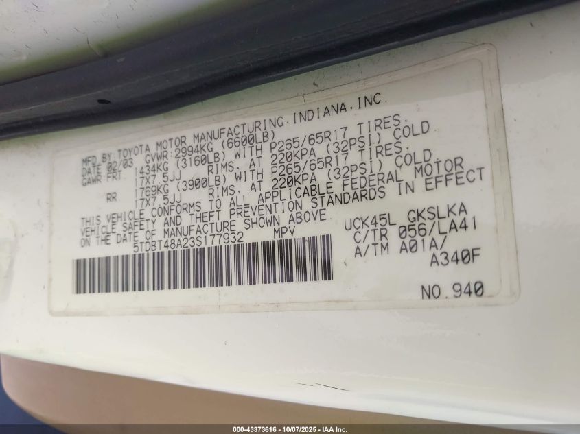 2003 Toyota Sequoia Limited VIN: 5TDBT48A23S177932 Lot: 43373616