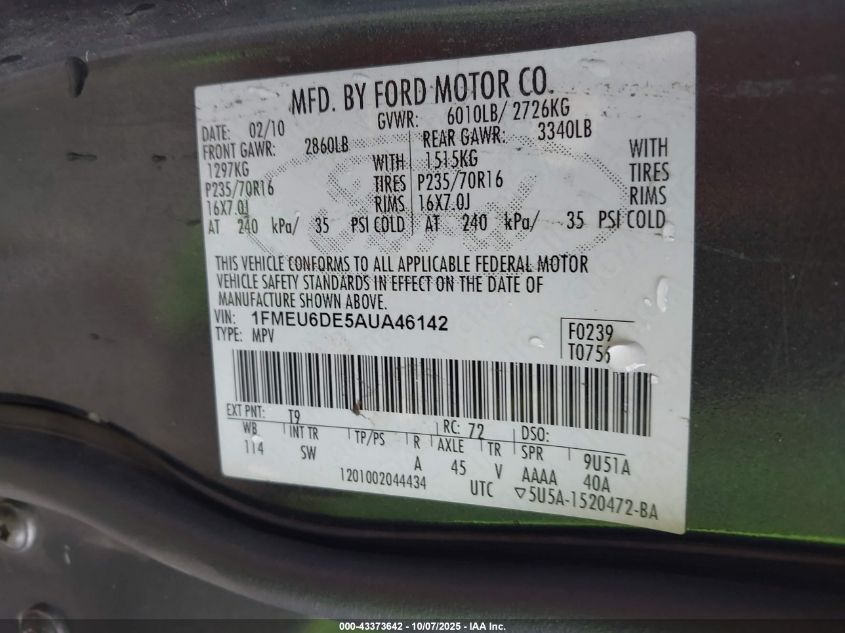 2010 Ford Explorer Xlt VIN: 1FMEU6DE5AUA46142 Lot: 43373642