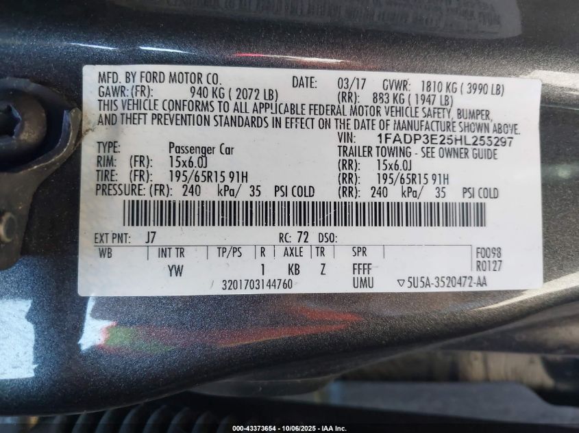 2017 Ford Focus S VIN: 1FADP3E25HL255297 Lot: 43373654