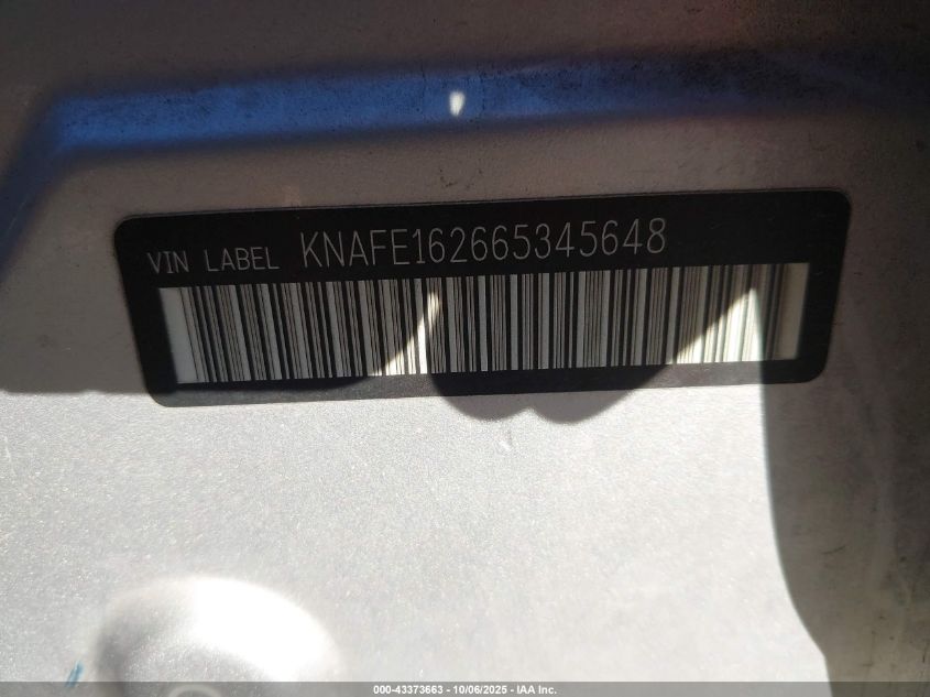 2006 Kia Spectra5 VIN: KNAFE162665345648 Lot: 43373663