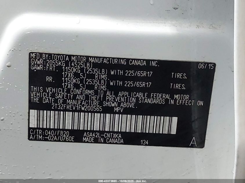 2015 Toyota Rav4 Le VIN: 2T3ZFREV1FW200565 Lot: 43373665