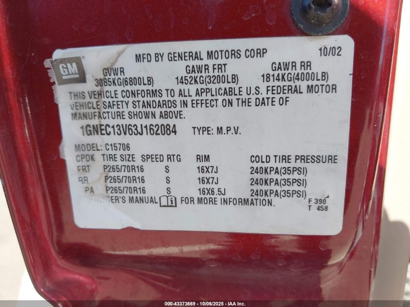 2003 Chevrolet Tahoe Ls VIN: 1GNEC13V63J162084 Lot: 43373669