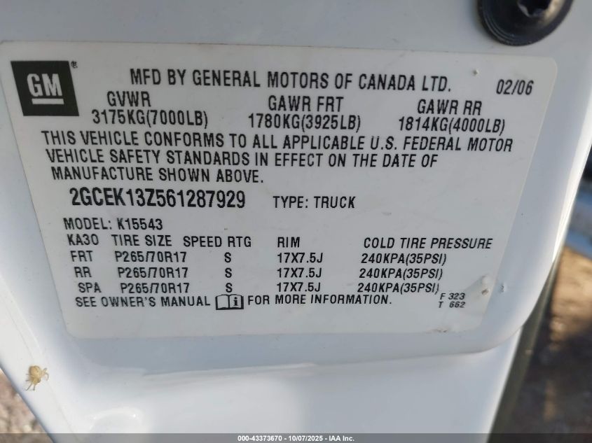 2006 Chevrolet Silverado 1500 Lt1 VIN: 2GCEK13Z561287929 Lot: 43373670