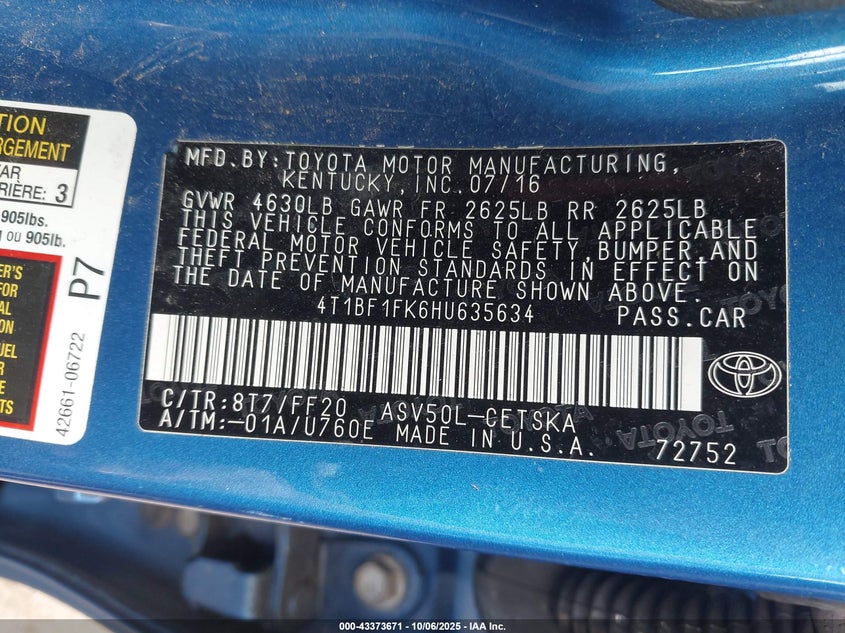 2017 Toyota Camry Se VIN: 4T1BF1FK6HU635634 Lot: 43373671