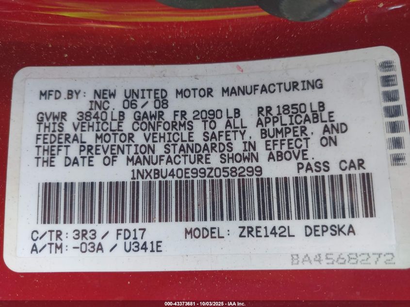 2009 Toyota Corolla S VIN: 1NXBU40E99Z058299 Lot: 43373681