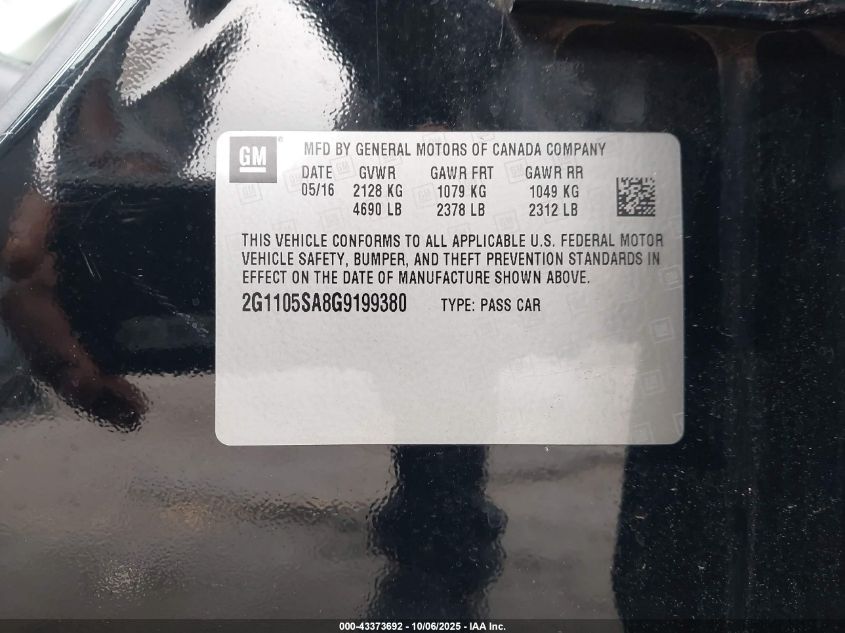 2016 Chevrolet Impala 1Lt VIN: 2G1105SA8G9199380 Lot: 43373692