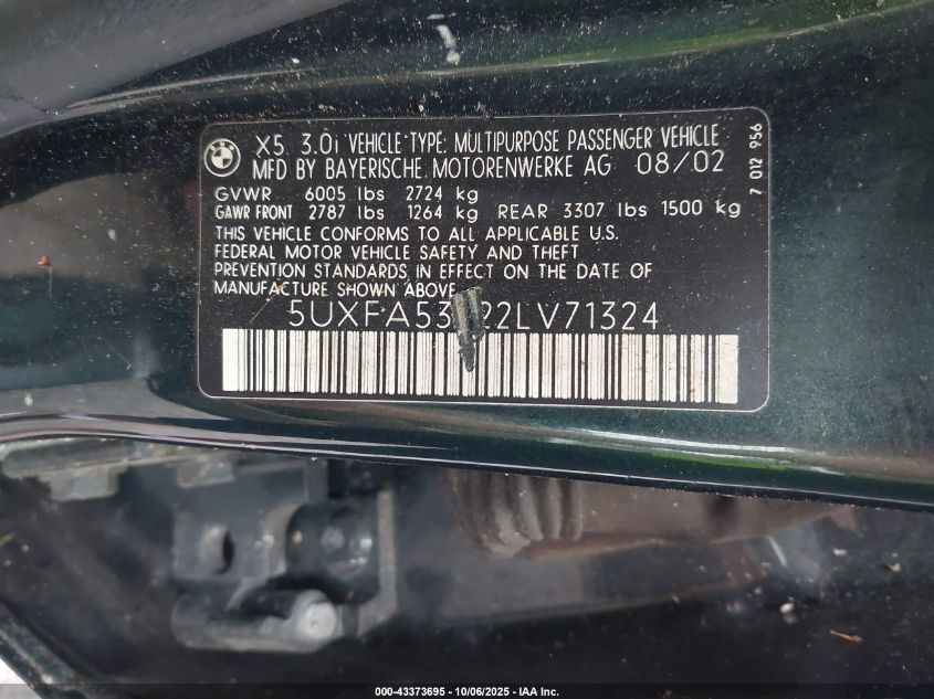 2002 BMW X5 3.0I VIN: 5UXFA53522LV71324 Lot: 43373695