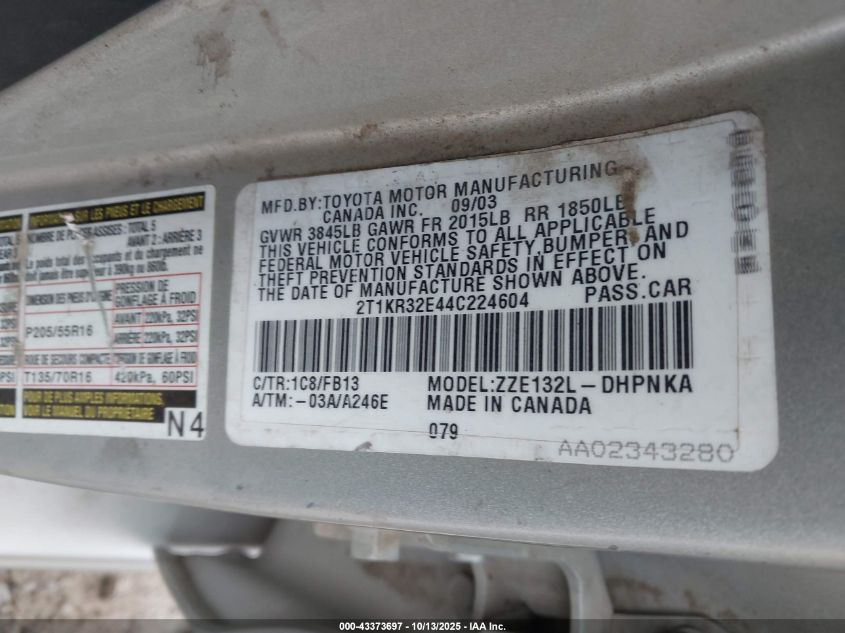 2004 Toyota Matrix Xr VIN: 2T1KR32E44C224604 Lot: 43373697