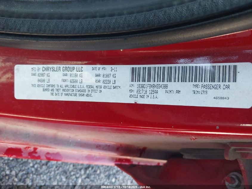 2011 Dodge Avenger Mainstreet VIN: 1B3BD1FBXBN554388 Lot: 43373713