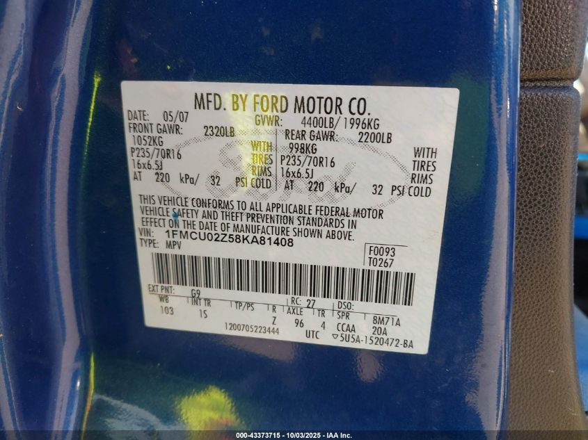 2008 Ford Escape Xls/Xls Manual VIN: 1FMCU02Z58KA81408 Lot: 43373715