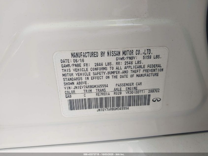 2016 Infiniti Q50 3.0T Premium VIN: JN1EV7AR8GM345554 Lot: 43373719