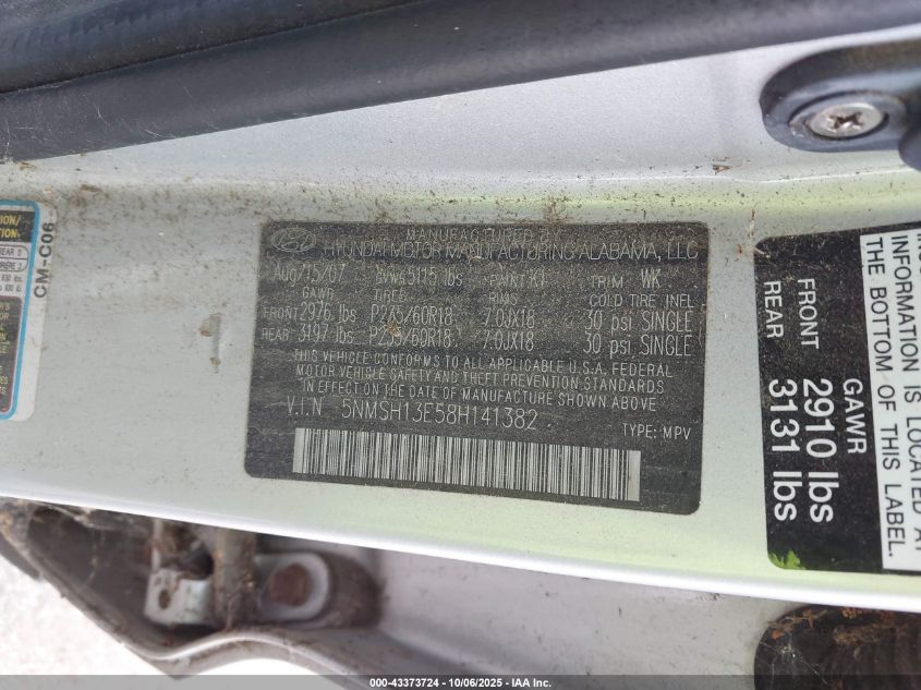 2008 Hyundai Santa Fe Limited/Se VIN: 5NMSH13E58H141382 Lot: 43373724