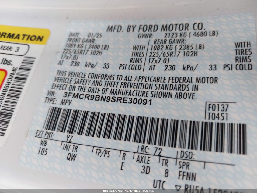 2025 Ford Bronco Sport Big Bend VIN: 3FMCR9BN9SRE30091 Lot: 43373732