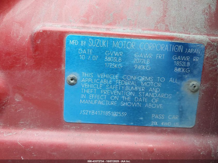 2008 Suzuki Sx4 Convenience/Touring VIN: JS2YB417185102539 Lot: 43373734