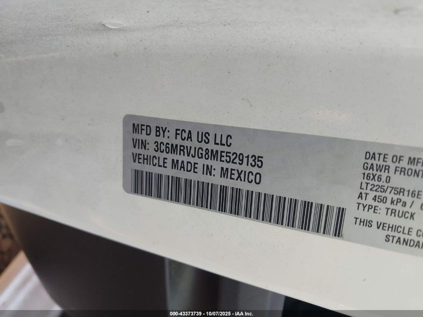 2021 Ram Promaster 3500 Cargo Van High Roof 159 Wb Ext VIN: 3C6MRVJG8ME529135 Lot: 43373739