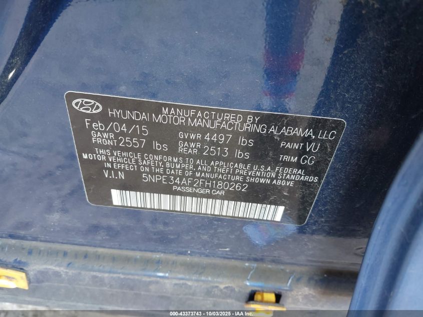 2015 Hyundai Sonata Sport VIN: 5NPE34AF2FH180262 Lot: 43393134