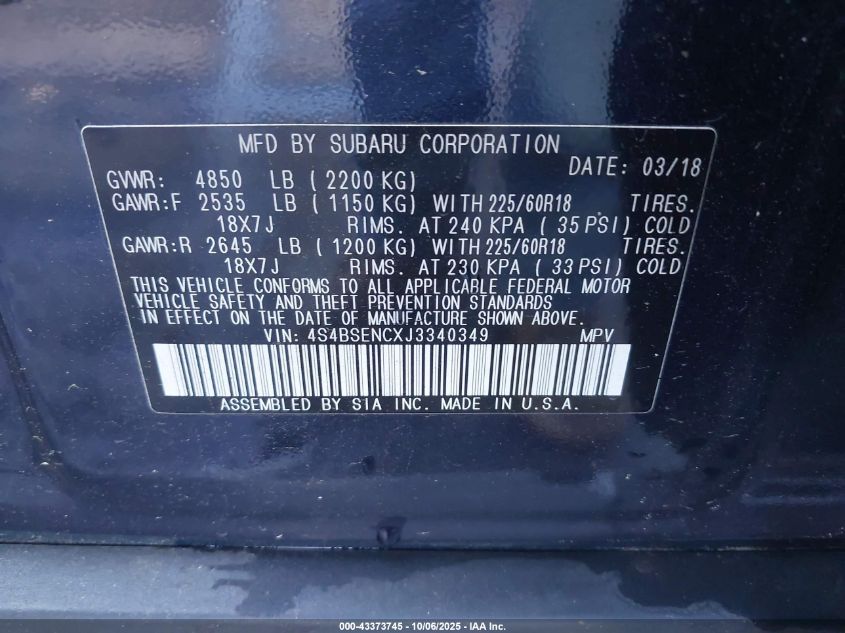2018 Subaru Outback 3.6R Limited VIN: 4S4BSENCXJ3340349 Lot: 43373745