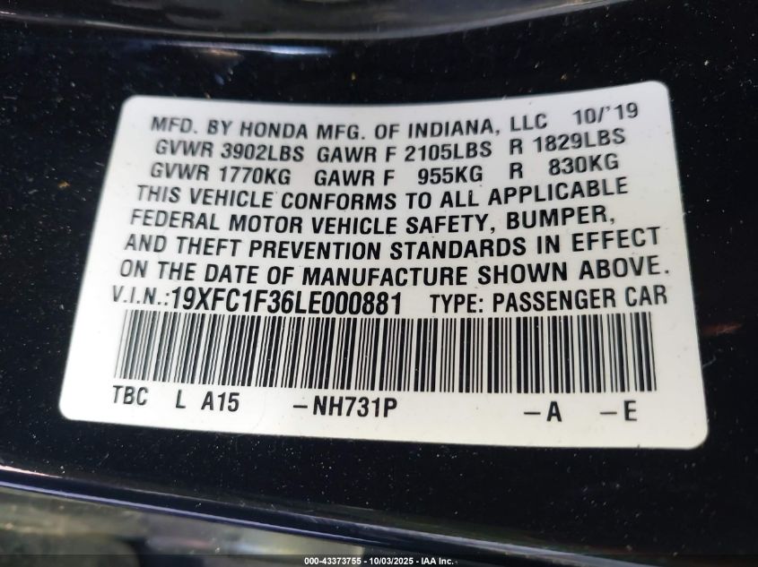 2020 Honda Civic Ex VIN: 19XFC1F36LE000881 Lot: 43373755