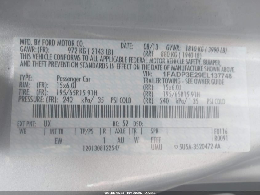 2014 Ford Focus S VIN: 1FADP3E29EL137748 Lot: 43373754